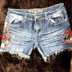 Women's Handcrafted/Distressed/Slashed/Cut Off/Skeleton Applique/NV Jean Shorts